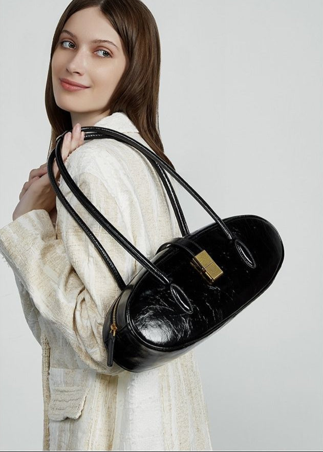 Oval Patent Leather Top Handle Structured Handbag