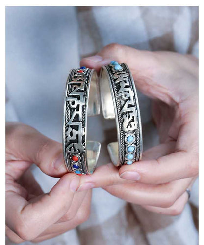 Ethnic Style Nepalese Handmade Jewelry Inlaid With Turquoise Retro Tibetan Jewelry Bracelet, Six-Syllable Mantra
