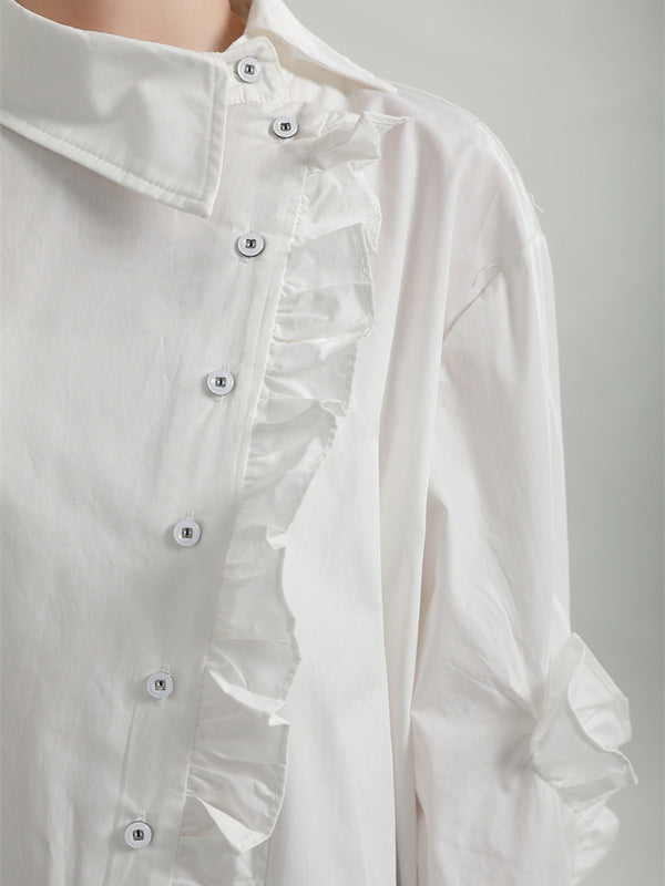 Loose Solid Color Ruffled Irregularity Buttoned Blouses