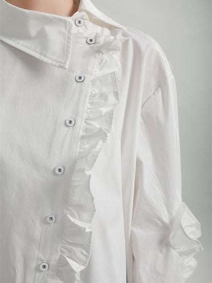 Loose Solid Color Ruffled Irregularity Buttoned Blouses
