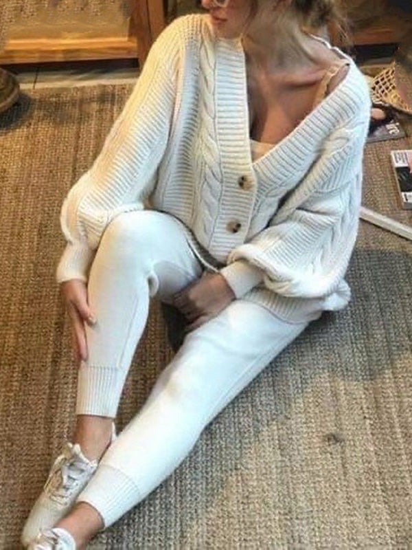 Fashion V-Neck Loose Buttoned Top&Pants Solid Color Knitting Suit