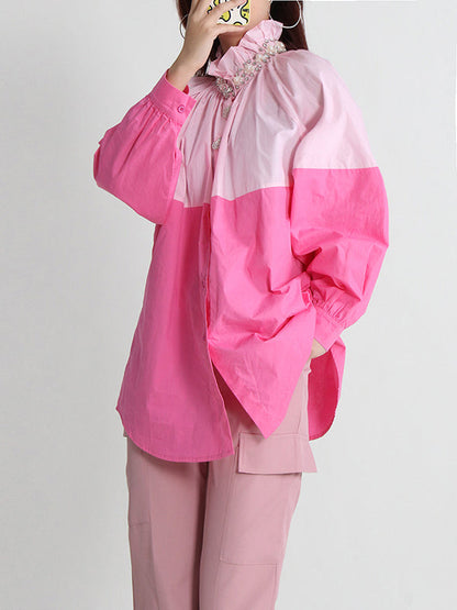 Long Sleeves Loose Buttoned Contrast Color Rhine Stones Mock Neck Blouses&Shirts Tops