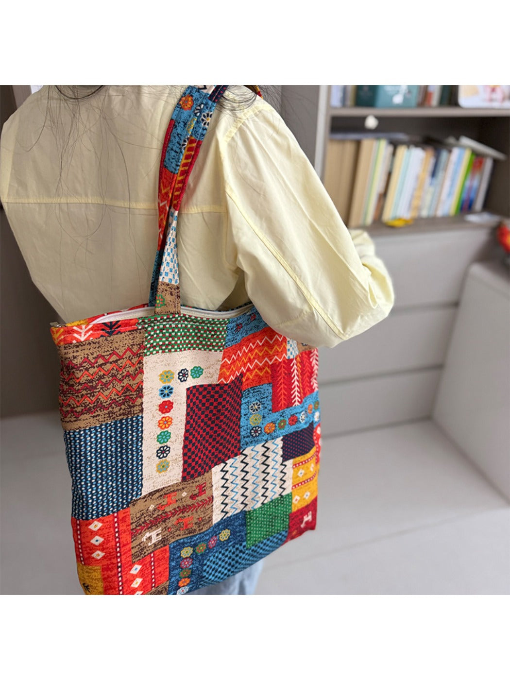 Cosbai - Canvas Tote Bag with Abstract Patchwork Design