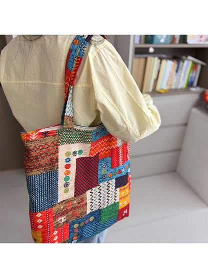 Cosbai - Canvas Tote Bag with Abstract Patchwork Design