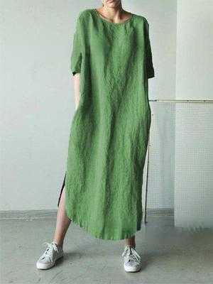 Round Neck Half Sleeve Solid Color Side Slit Mid Calf Cotton Linen Dress For Women
