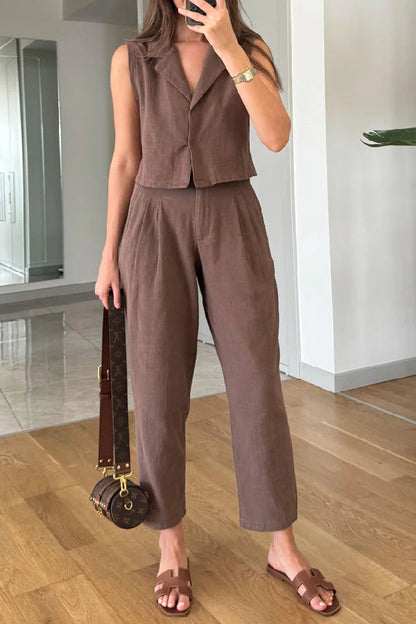 Casual Solid Lapel Vest \u0026 Pants Cotton Linen Two-piece Set