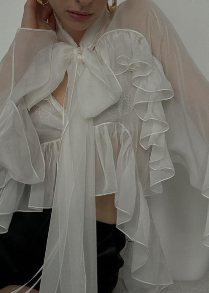 Sheer Silk Blend Ruffle Tie Front Blouse