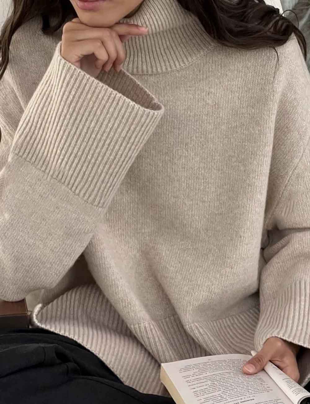 Fall Solid Color Turtleneck Side Slit Sweater