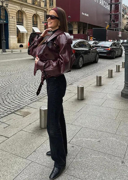 Faux Leather Jacket Burgundy Oversized Lapel