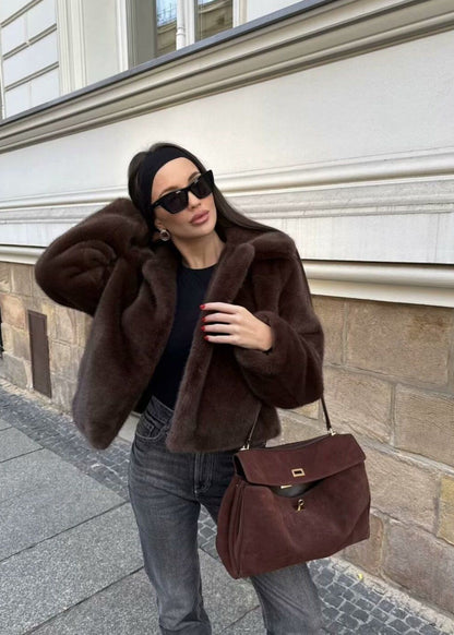 Short Coat Plush Faux Fur Dark Brown