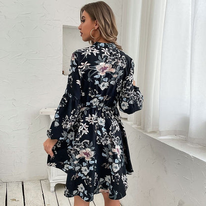 Black Vintage Long Sleeve Printed Dress