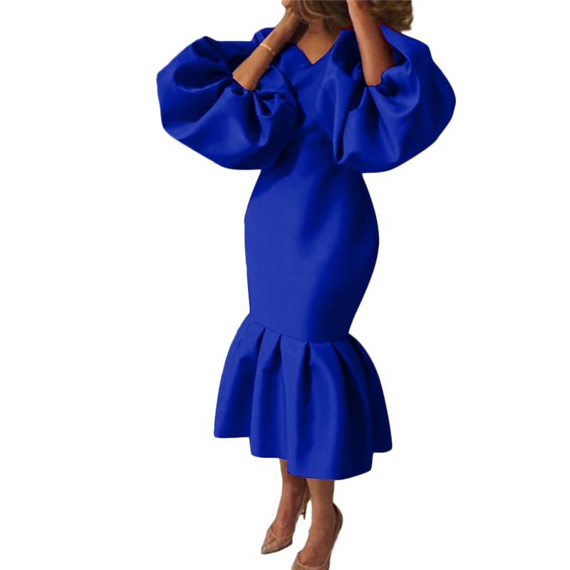 Solid Color V-Neck Bubble Long Sleeve Tail Gown Dresses