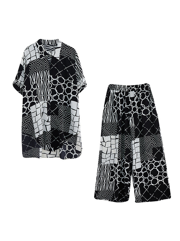 Original Loose Contrast Color Plaid Polka-Dot Blouse&Wide Legs Pants Two Pieces Set