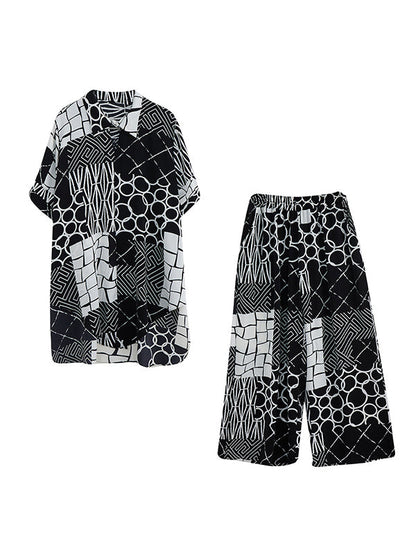 Original Loose Contrast Color Plaid Polka-Dot Blouse&Wide Legs Pants Two Pieces Set