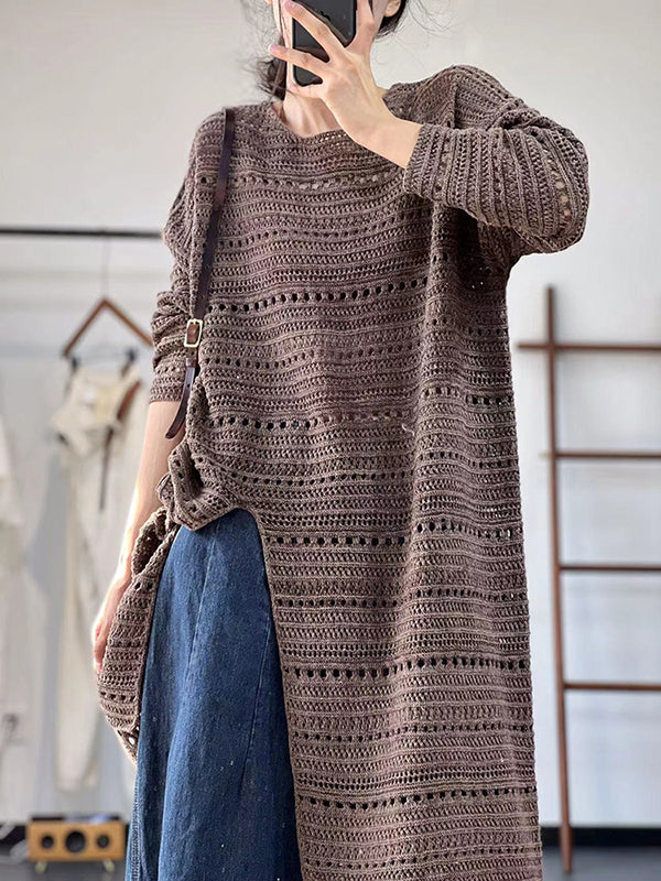 Long Sleeves Loose Hollow Solid Color Split-Front Round-Neck Sweater Dresses