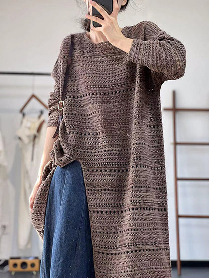 Long Sleeves Loose Hollow Solid Color Split-Front Round-Neck Sweater Dresses