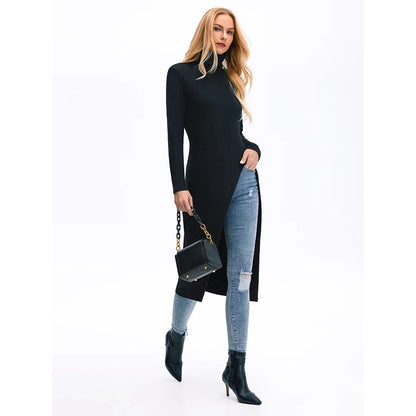 Skinny Solid Color Split-Side High-Neck T-Shirts Tops
