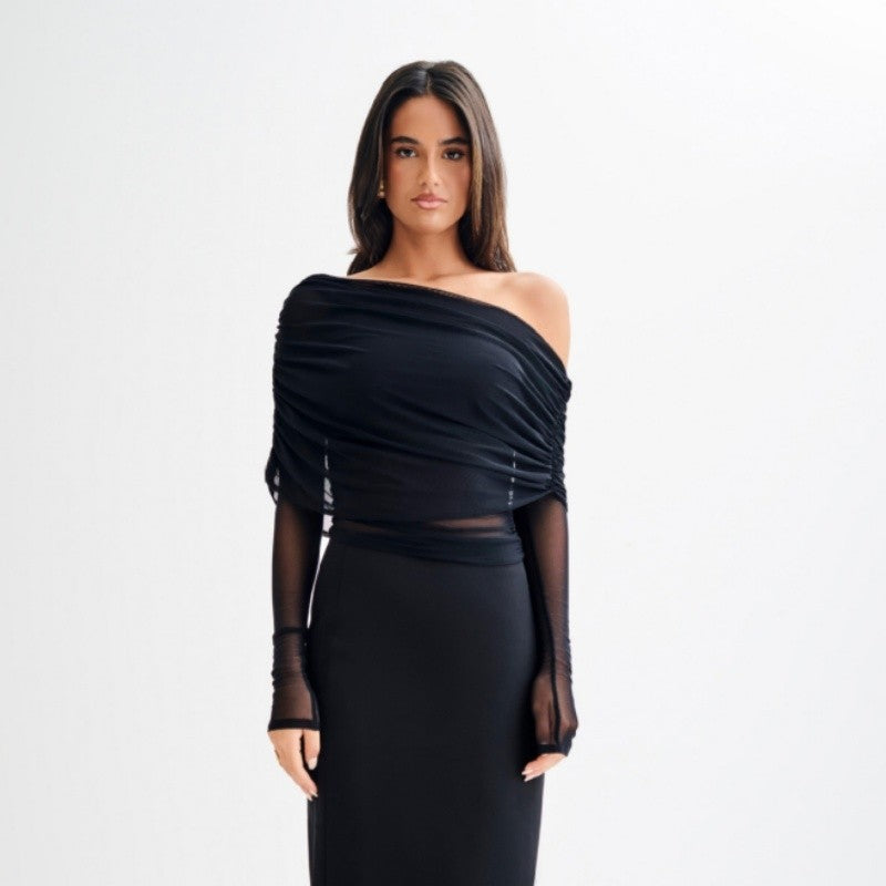 Mesh Insert See Through Pleated Off Shoulder T Shirt