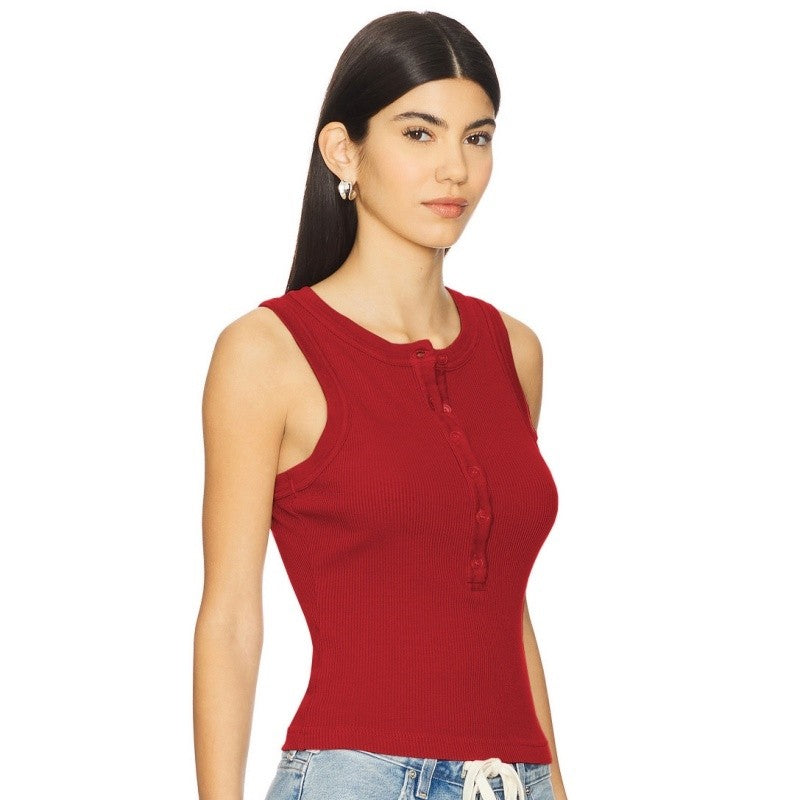Round Neck Button Ribbed Sleeveless Vest
