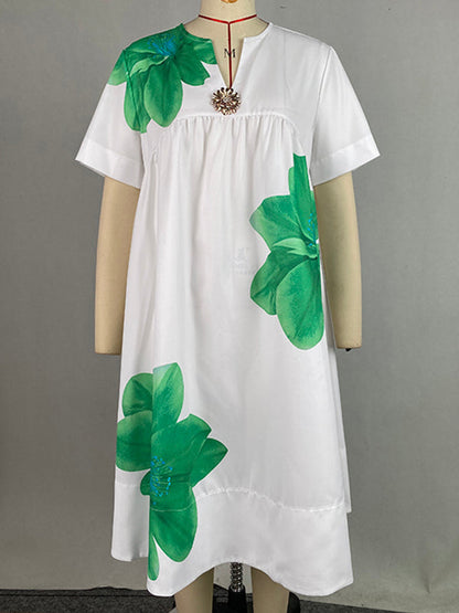 A-Line Loose Flower Print Pleated V-Neck Midi Dresses