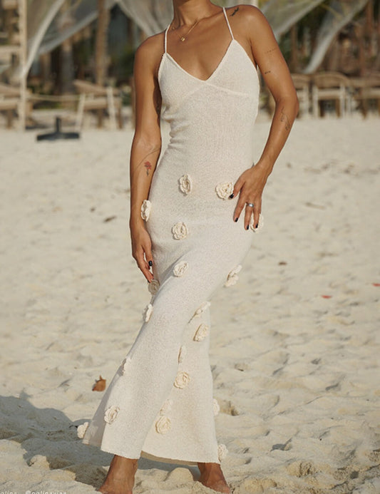 Halter 3D Floral Knit Backless Maxi Dress