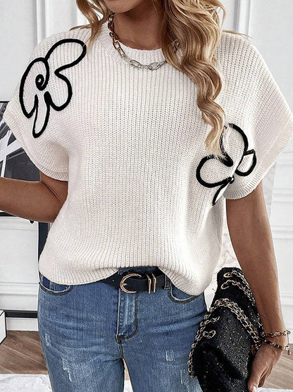 Loose Short Sleeves Knitted Flower Round-Neck Pullovers Sweater Tops