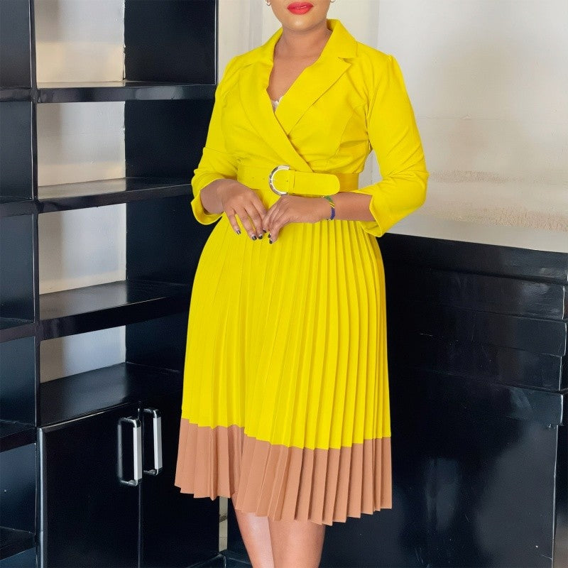 High Waist Pleated Blazer Collar Color Block Dress