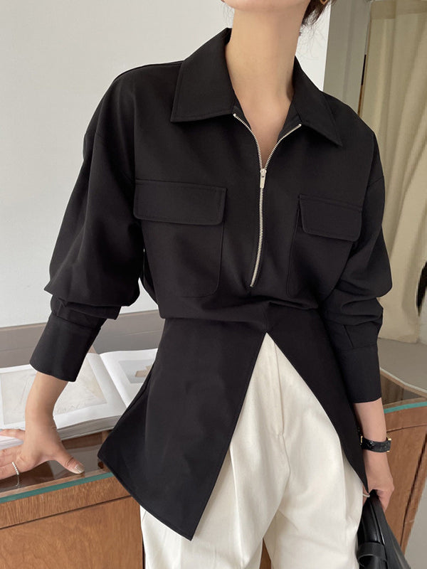 Long Sleeves Raglan Sleeve Pockets Split-Front Split-Joint Tied Zipper Lapel Blouses&Shirts Tops