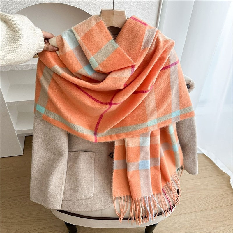 Color Block Plaid Fringe Scarf