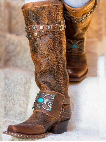 Women Knee High Heels Ethic Shoes Vintage Pu Leather High Boots