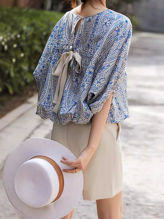 Batwing Sleeves Bow-Embellished Floral Printed Round-Neck Blouses&Shirts Tops