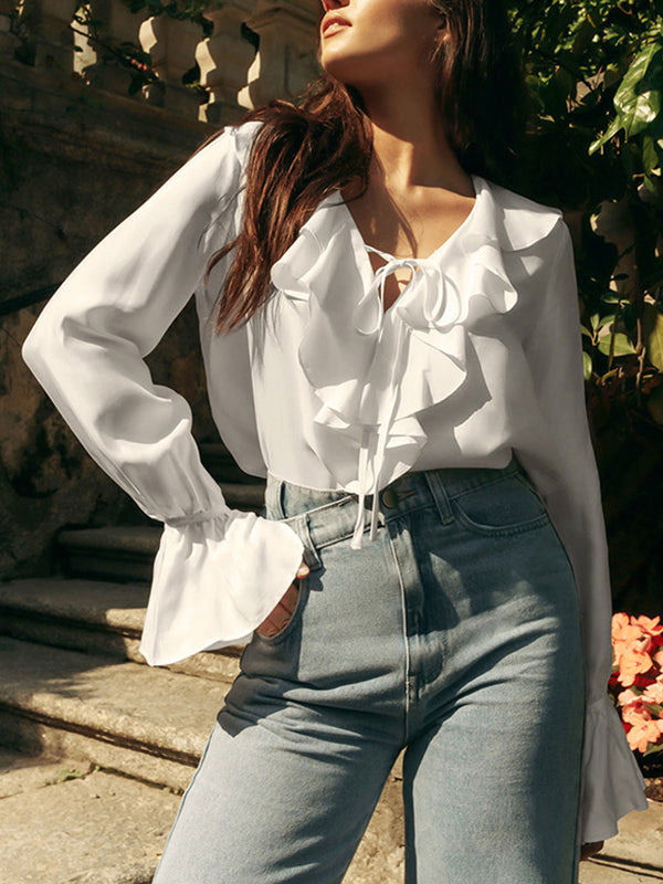 Long Sleeves Loose Falbala Lace-Up Solid Color Split-Joint V-Neck Blouses