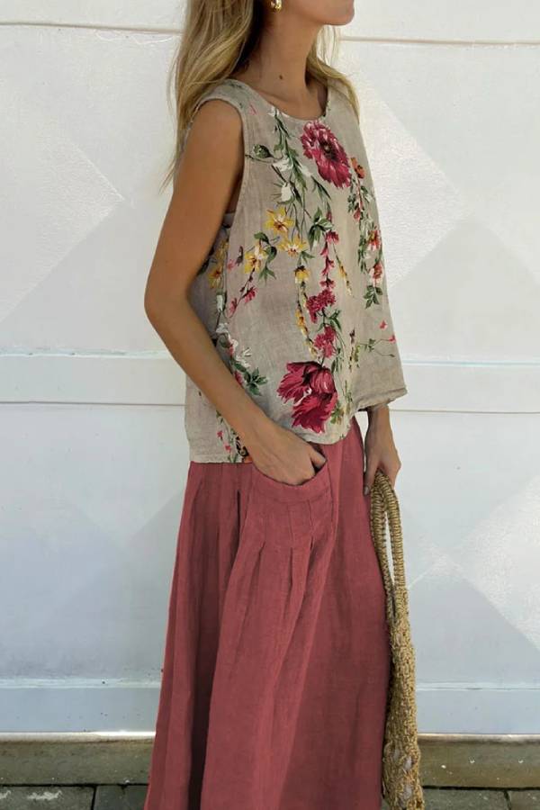 Casual Printed Tank Top \u0026 Skirt Cotton Linen Two-piece Set