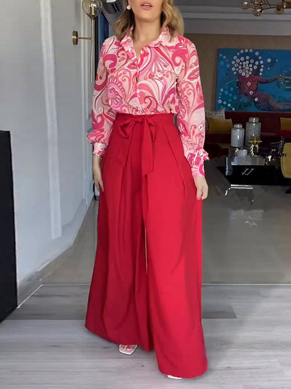 Printed Long Sleeves Buttoned Lapel Blouse + Tied Waist High Waisted Wide Leg Pants Two Pieces Set