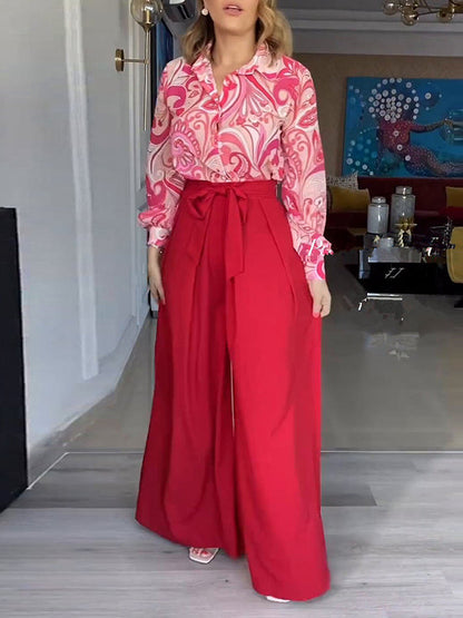 Printed Long Sleeves Buttoned Lapel Blouse + Tied Waist High Waisted Wide Leg Pants Two Pieces Set