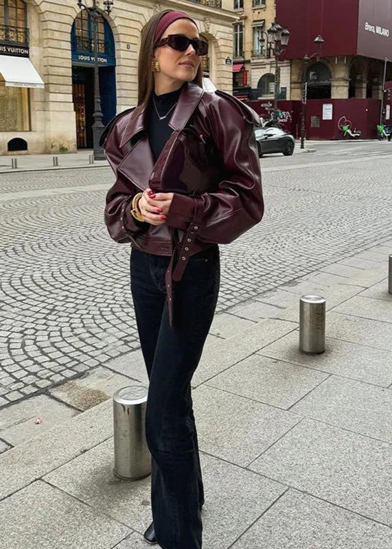 Faux Leather Jacket Burgundy Oversized Lapel