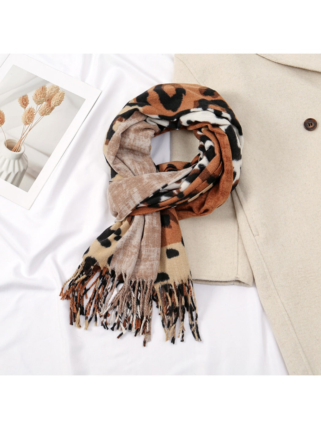 Sscarvii - Leopard Patchwork Tassel Winter Scarf