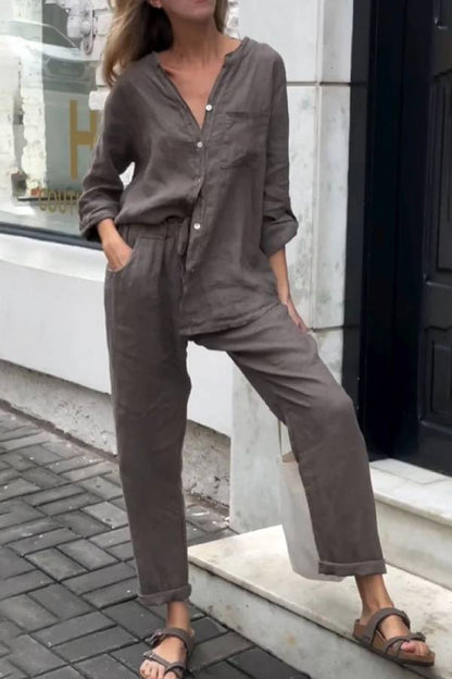 Casual Solid Color V-Neck Shirt \u0026 Pants Cotton Linen Two-Piece Set