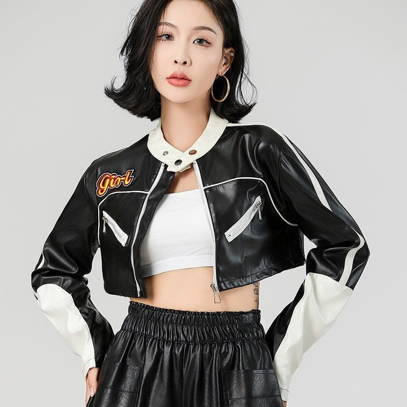 Short Color Block Motorcycle Jacket