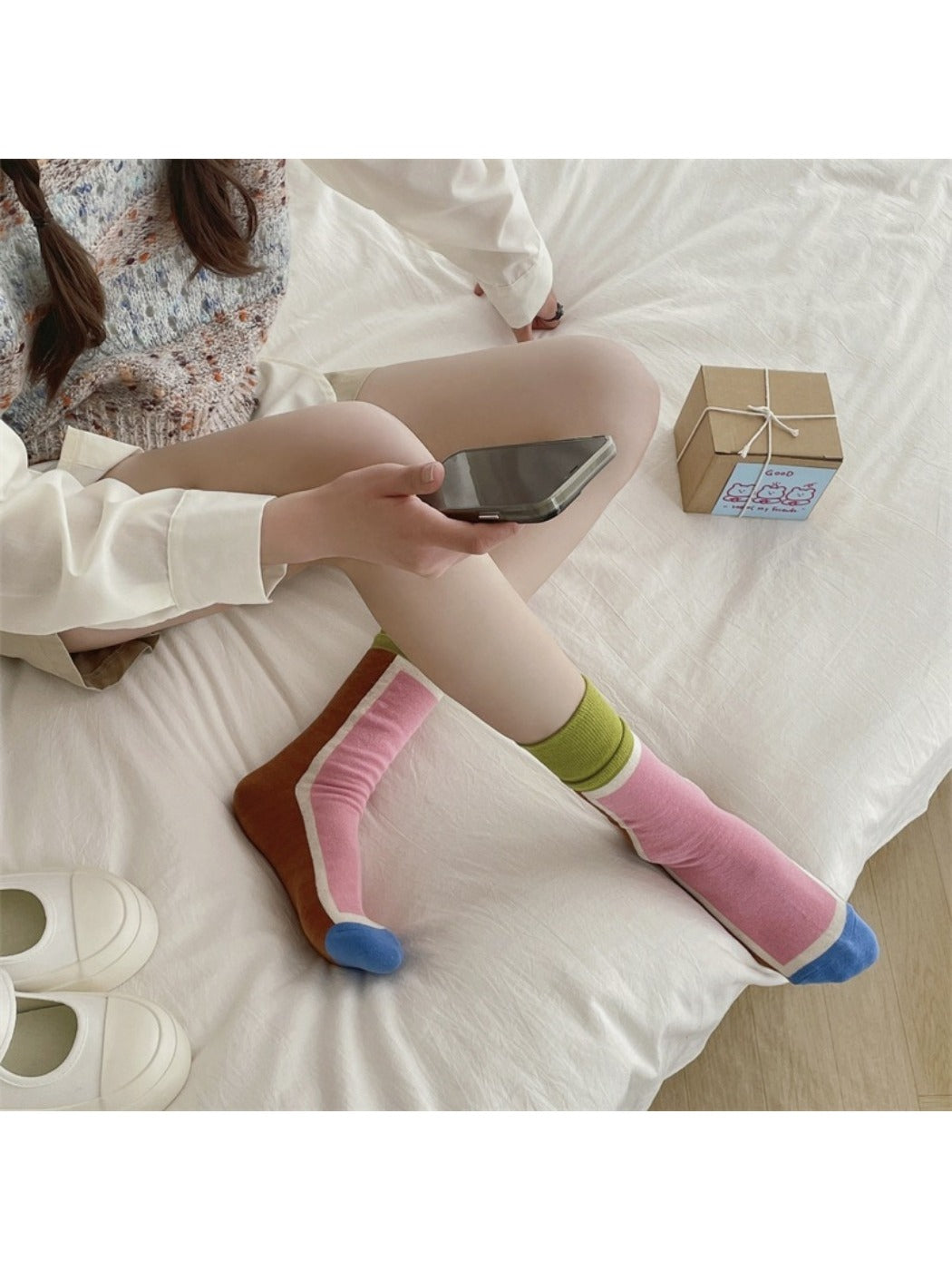 Rufia - Colorful Patchwork Stripe Mid-Calf Socks - Classic &amp; Fresh
