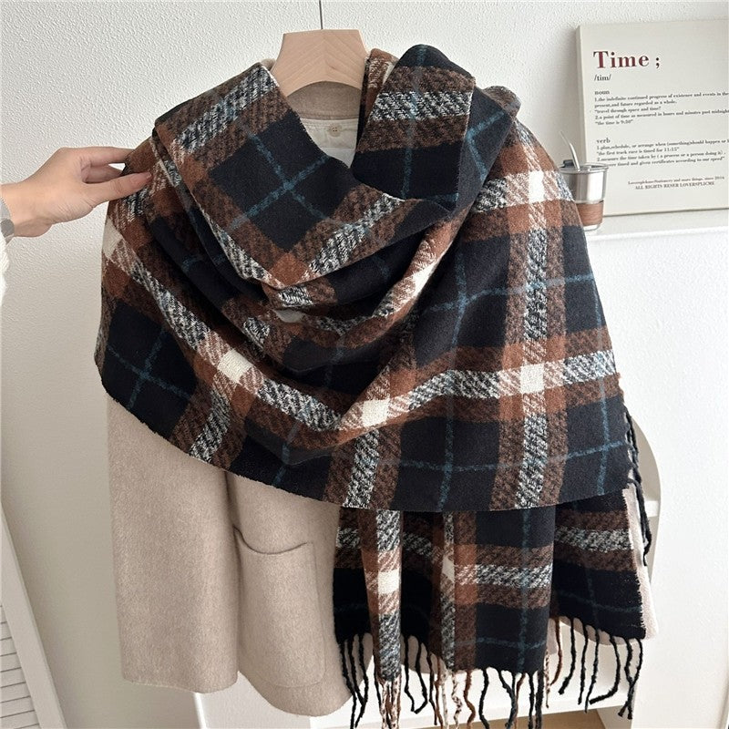 Color Block Plaid Fringe Scarf