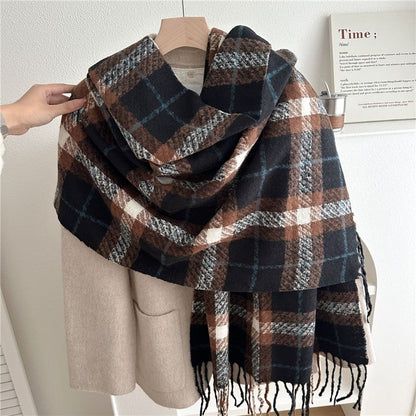 Color Block Plaid Fringe Scarf