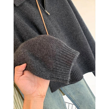 Solid Color Loose Collar Zipper Sweater Dacron Acrylic
