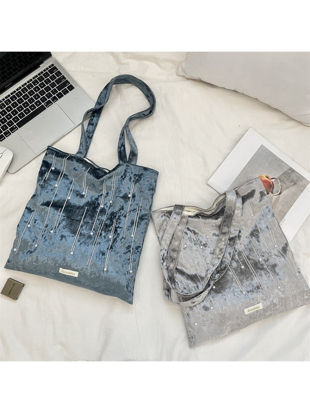 Cosbai - Velvet Beaded Tote Bag with Magnetic Closure