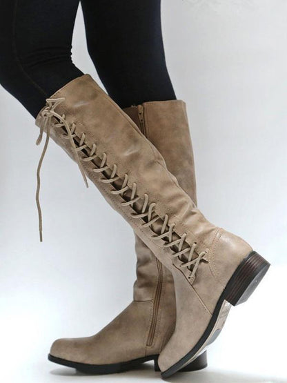 Fashion Solid Color Bandage Thigh-High Low-Heel Boots Shoes