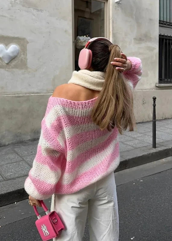 Relaxed Knit Off Shoulder Sweater With Stripes