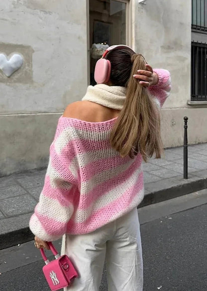 Relaxed Knit Off Shoulder Sweater With Stripes
