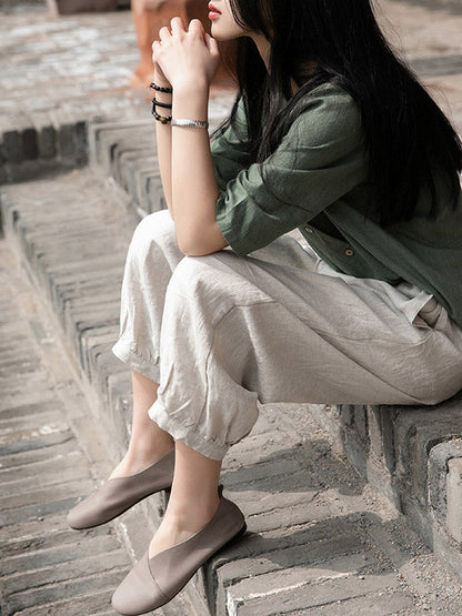 Simple Linen Solid Color Elasticity Waist Loose Knickerbockers&Capri-Pants