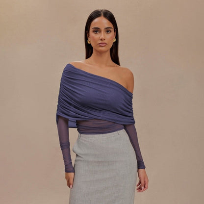 Mesh Insert See Through Pleated Off Shoulder T Shirt