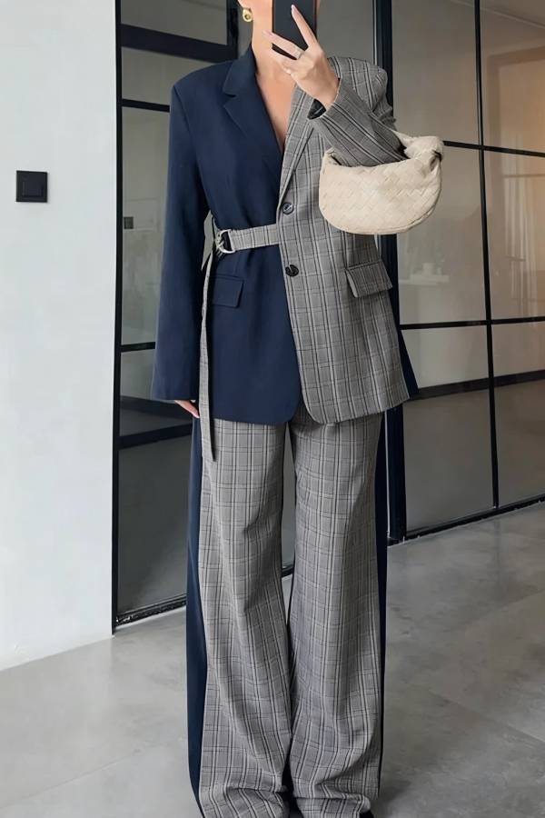 Nayla Plaid Contrast Color Belted Long Sleeve Lapel Blazer and Pocketed Wide Leg Pants Set